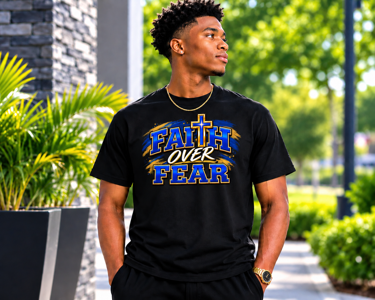 FAITH OVER FEAR Christian T-Shirt – Blue & Gold