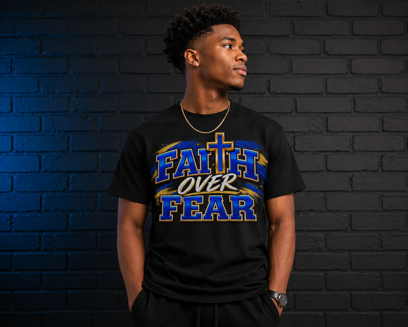 FAITH OVER FEAR Christian T-Shirt – Blue & Gold