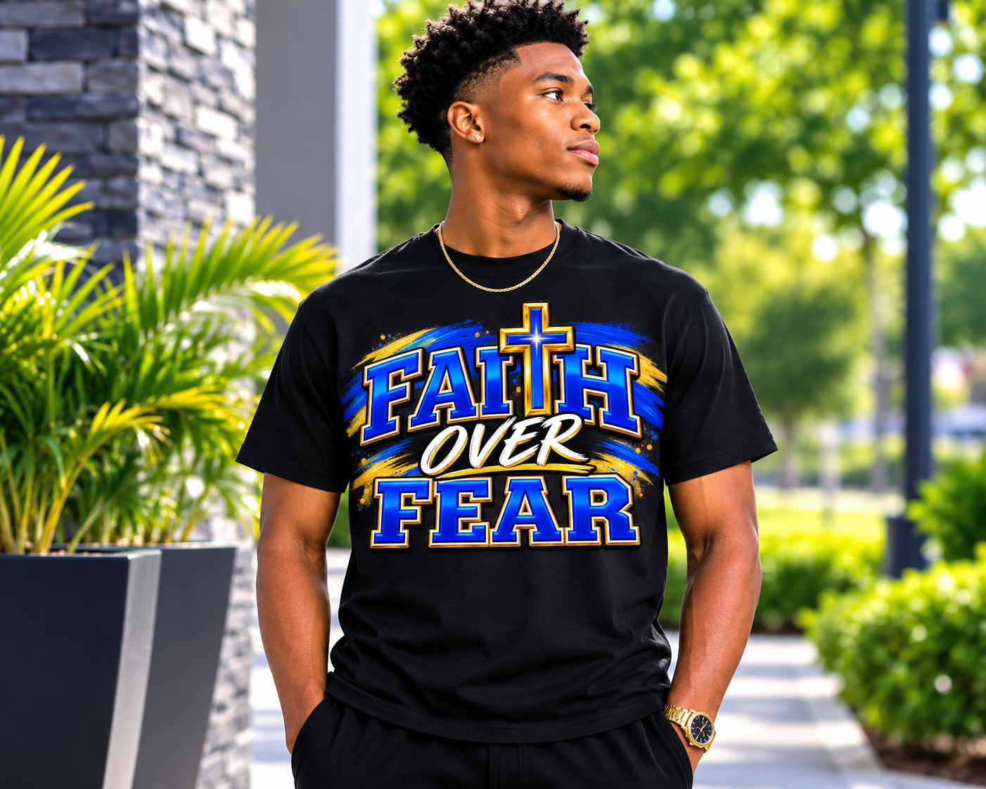 FAITH OVER FEAR Christian T-Shirt – Blue & Gold