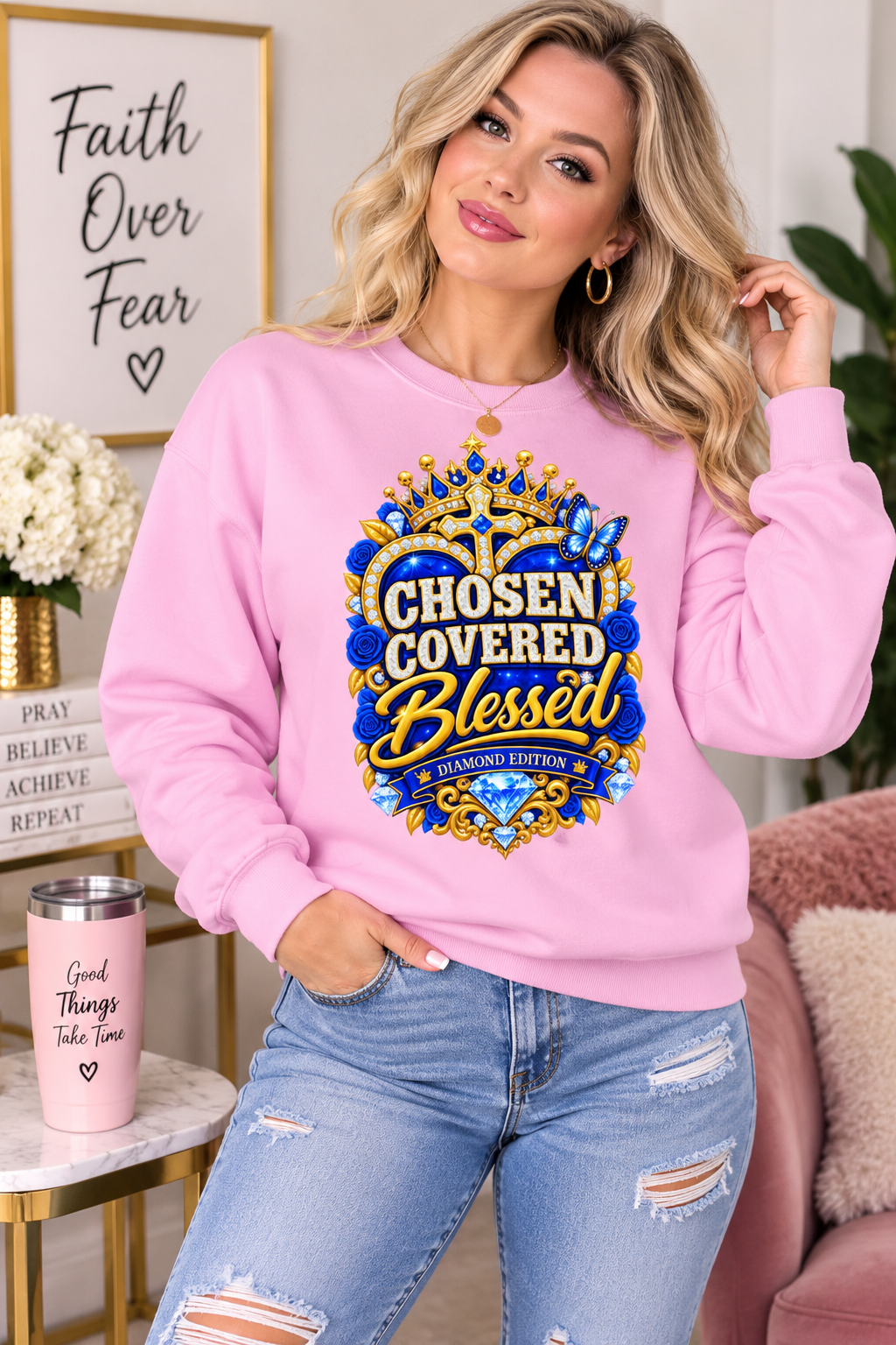 Chosen, Covered & Blessed Diamond Edition Sweatshirt – Christian Faith Inspirational Crewneck