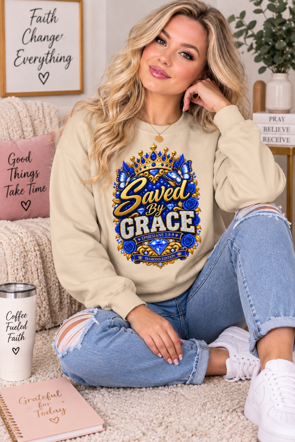 Saved by Grace Diamond Edition Christian Sweatshirt – Ephesians 2:8-9 Faith Crewneck