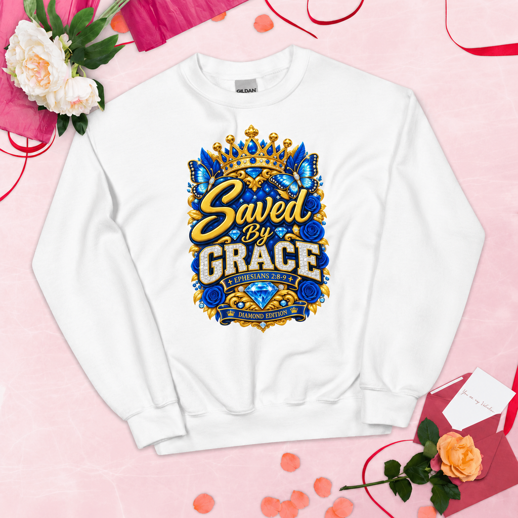 Saved by Grace Diamond Edition Christian Sweatshirt – Ephesians 2:8-9 Faith Crewneck