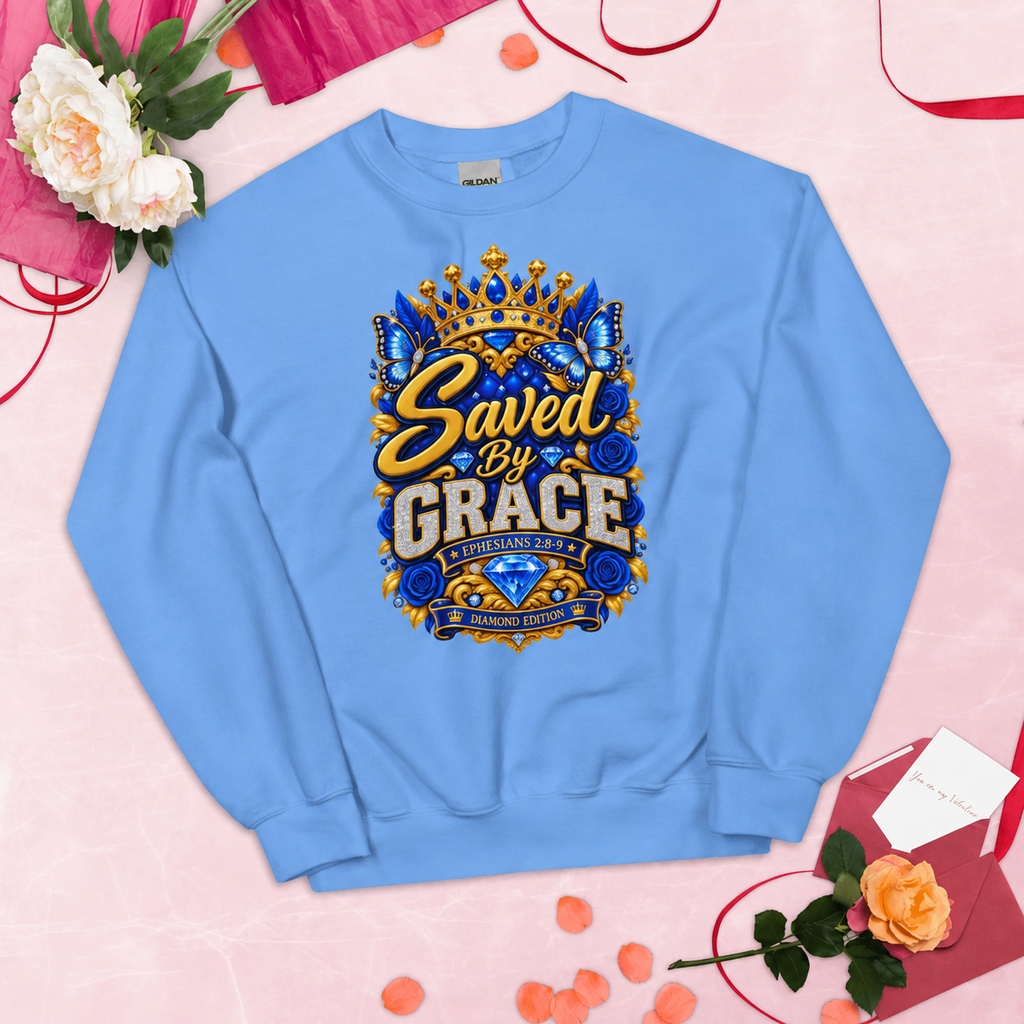 Saved by Grace Diamond Edition Christian Sweatshirt – Ephesians 2:8-9 Faith Crewneck