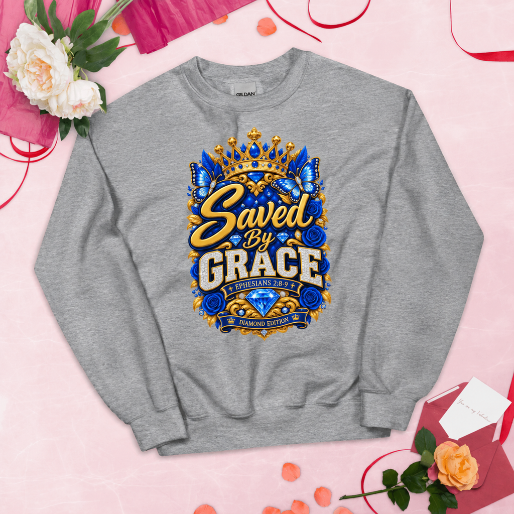 Saved by Grace Diamond Edition Christian Sweatshirt – Ephesians 2:8-9 Faith Crewneck