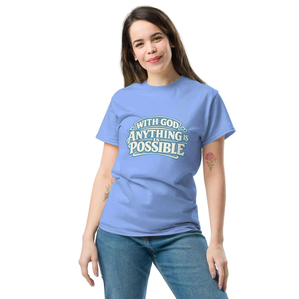 Women’s Faith Graphic T-Shirt – “With God Anything Is Possible” Inspirational Tee