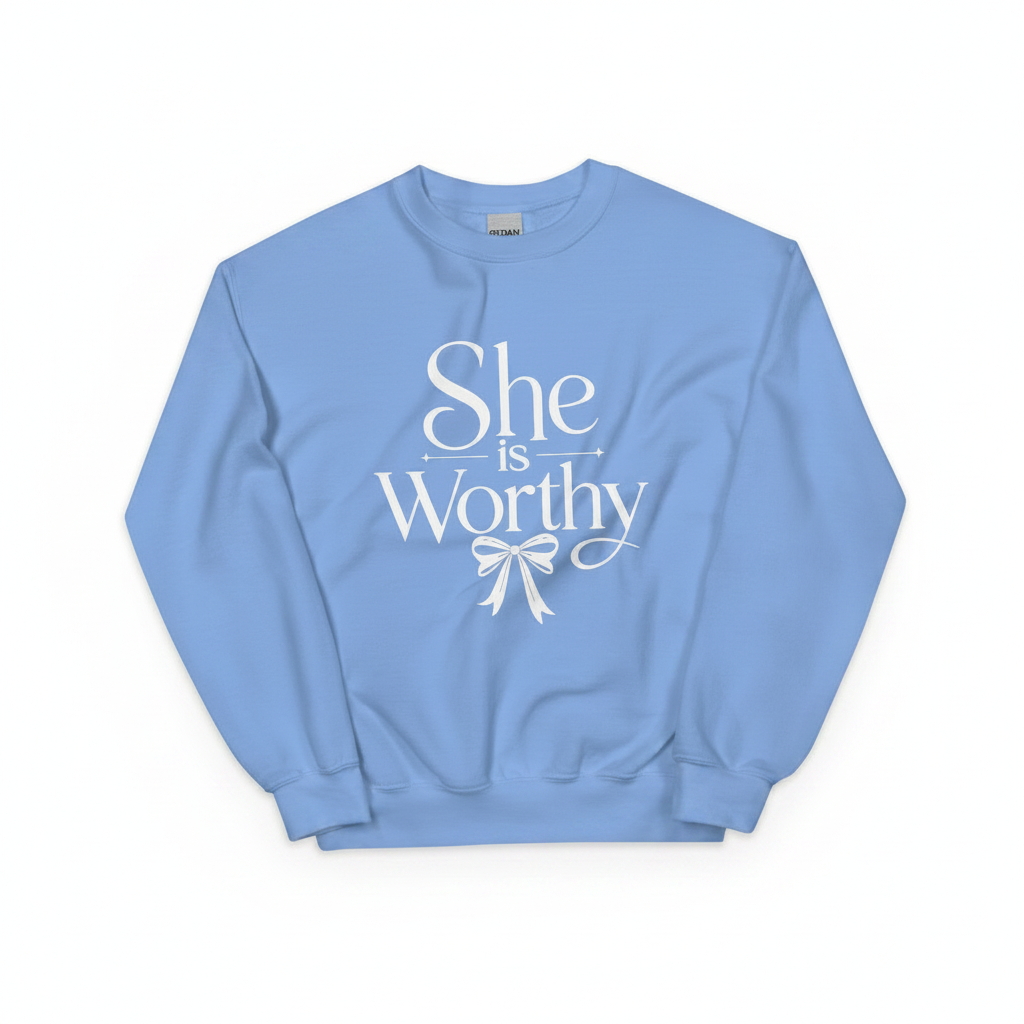 Women’s Inspirational Sweatshirt – “She Is Worthy” Elegant Crewneck