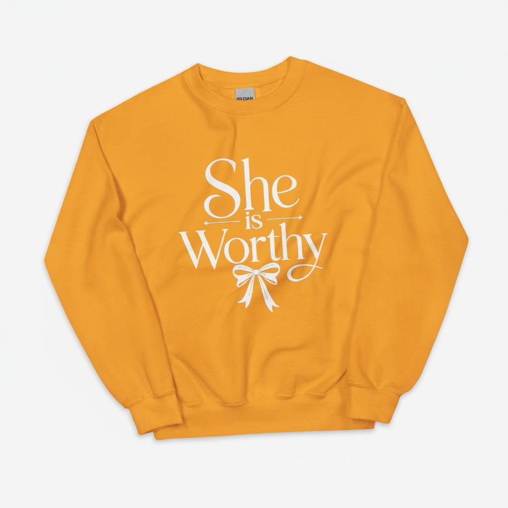 Women’s Inspirational Sweatshirt – “She Is Worthy” Elegant Crewneck