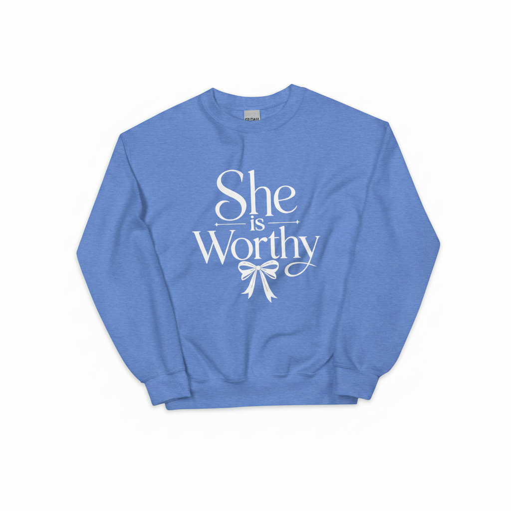 Women’s Inspirational Sweatshirt – “She Is Worthy” Elegant Crewneck