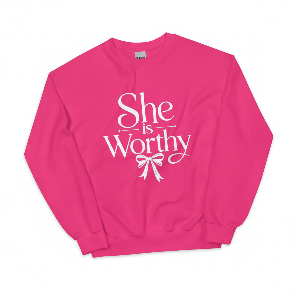 Women’s Inspirational Sweatshirt – “She Is Worthy” Elegant Crewneck