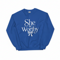Women’s Inspirational Sweatshirt – “She Is Worthy” Elegant Crewneck