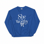 Women’s Inspirational Sweatshirt – “She Is Worthy” Elegant Crewneck