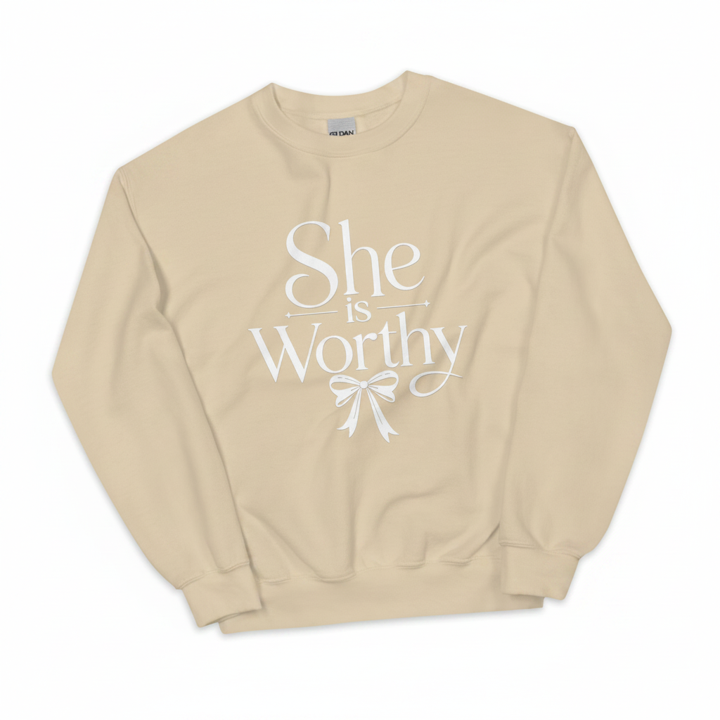 Women’s Inspirational Sweatshirt – “She Is Worthy” Elegant Crewneck