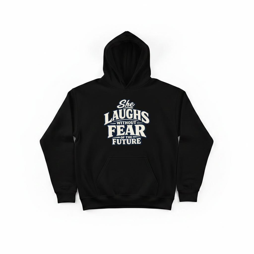 Women’s Inspirational Quote Hoodie – “She Laughs Without Fear of the Future”